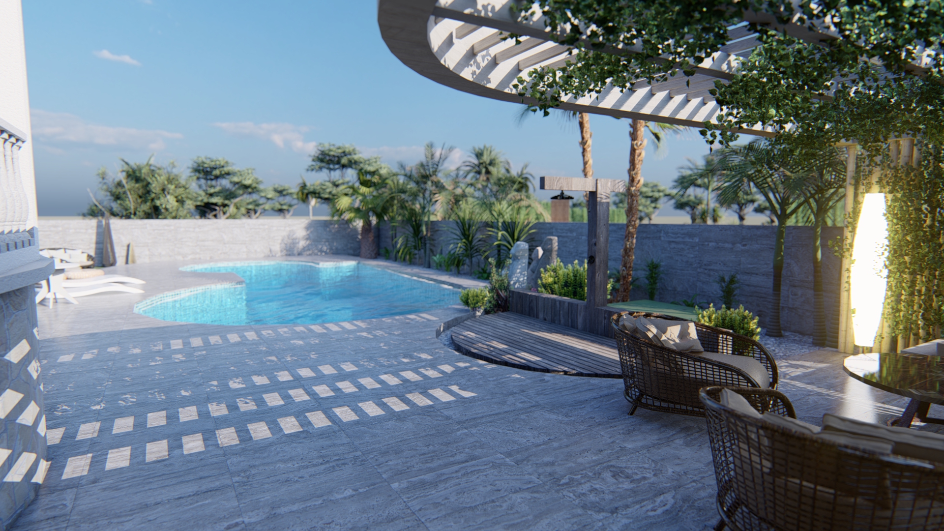 Diseño de terrazas exteriores y pergola con amplia piscina y jardines